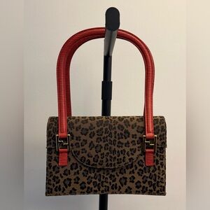 FENDI Vintage Leopard Print Handbag with Red Leather Handles
